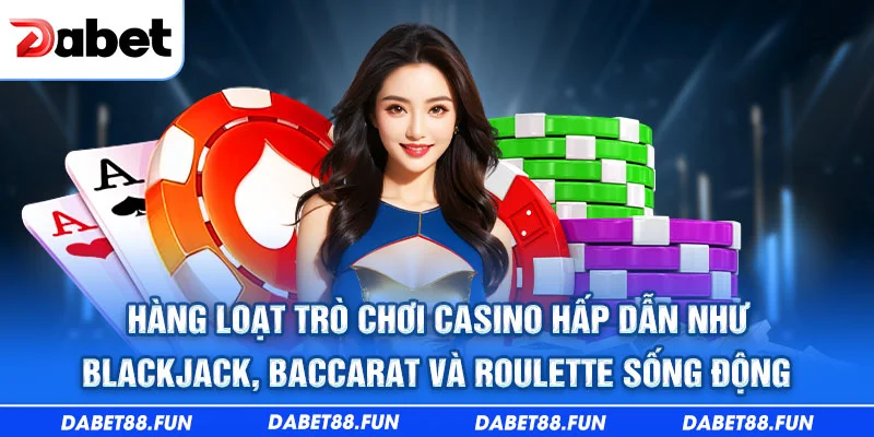 Hàng loạt trò chơi casino hấp dẫn như blackjack, baccarat và roulette sống động