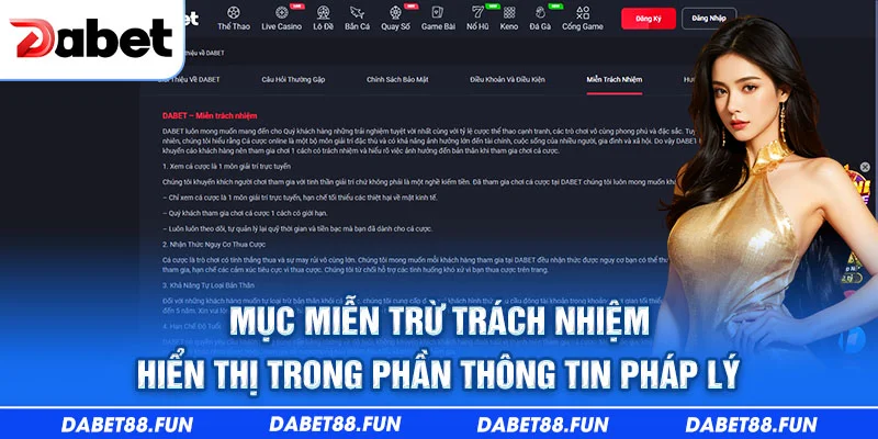 Mục miễn trừ trách nhiệm hiển thị trong phần thông tin pháp lý
